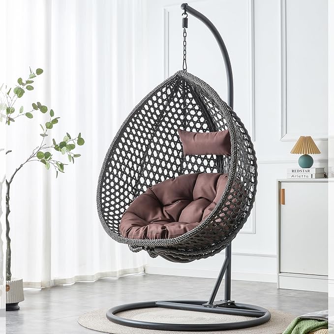Hanging Egg Chair with Stand, Egg Swing Chair with Stand Indoor Outdoor, Black Wicker Swing Egg Chair for Adults, Hammock Chair with Comfortable Cushion and Stable Round Metal Base for Bedroom Patio