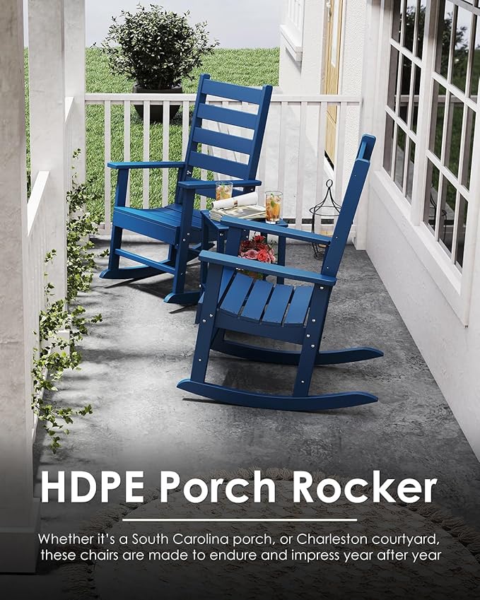 GREENVINES Outdoor-Rocking-Chairs-Set-of-2 | HDPE Plastic | Patio Rockers | Porch Rocker Chair | Shaker | Oversized | High Ladder Back | Big & Tall | PentaLuxe | Blue