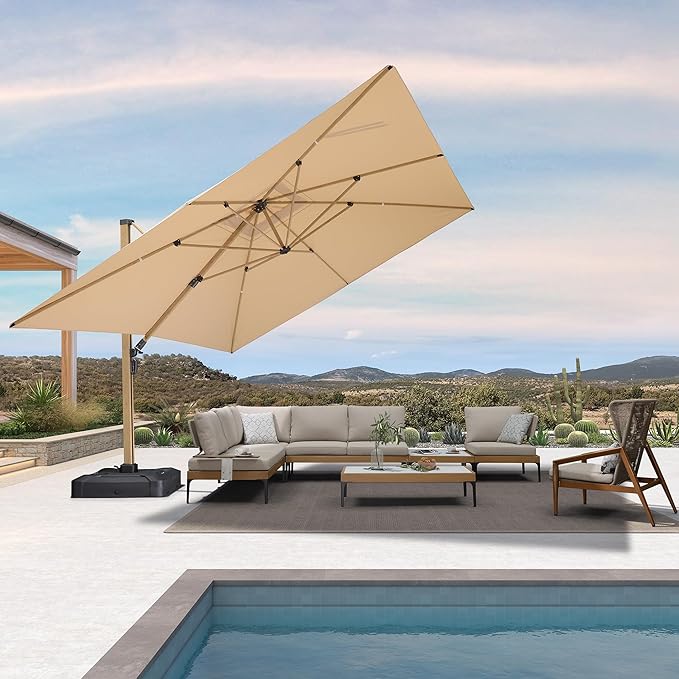 PURPLE LEAF 12FT Patio Umbrella Square Cantilever Umbrella Teak Finished Aluminum Frame Large Windproof Offset Outdoor Sun Umbrellas for Beach Pool Deck, Beige
