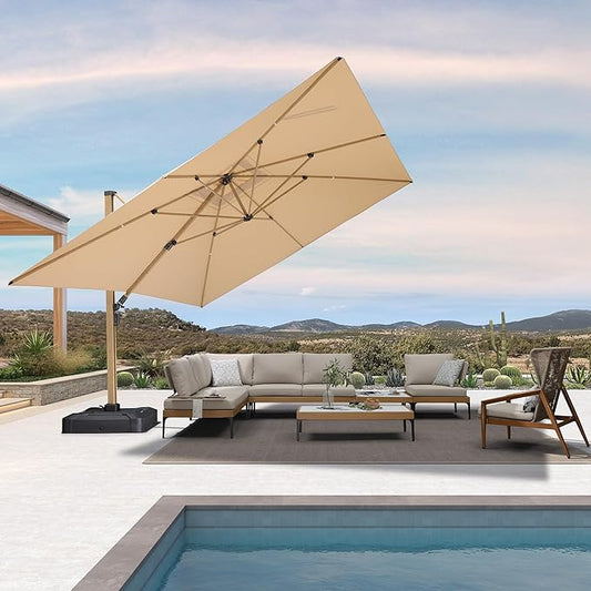 PURPLE LEAF 12FT Patio Umbrella Square Cantilever Umbrella Teak Finished Aluminum Frame Large Windproof Offset Outdoor Sun Umbrellas for Beach Pool Deck, Beige