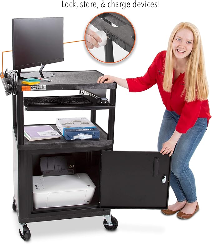 Line Leader Plastic AV Cart with Keyboard Tray and Locking Metal Cabinet, Heavy Duty Mobile Workstation with 4 Rolling Casters, 2 Locking Brakes, Heavy Duty, Holds up to 75 lbs (42 Inch w Cabinet)