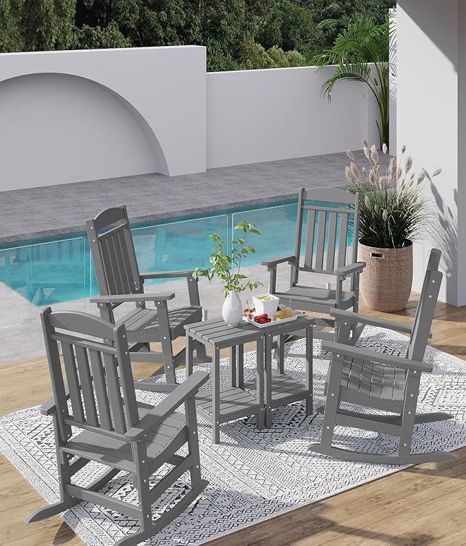 FOOWIN Outdoor Rocking Chair, High Back Patio Rocking Chair, HDPE All Weather Resistant Porch Rocker for Adult, Oversized Rocking Chairs for Garden, Lawn, Indoor & Outdoor Use, Grey