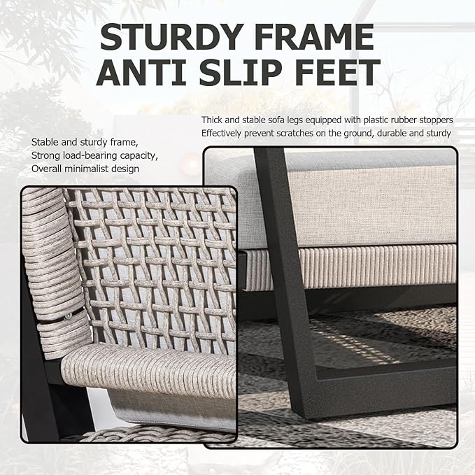 Aluminum Patio Sofa Set with PE Rope Weaving, 500lbs Capacity Outdoor Conversation Set, Waterproof UV-Resistant Cushions & Powder-Coated Frame, Modern Sectional for Poolside, Garden Grey