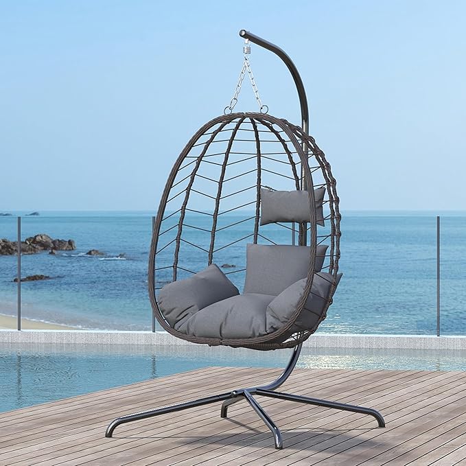 Hanging Egg Chair with Stand, Swinging Egg Chair Outdoor Indoor, Hanging Basket Chair with Cushion, Patio Wicker Hammock Chair 350lbs Capacity for Bedroom, Porch, Balcony, Backyard, Garden (Grey)