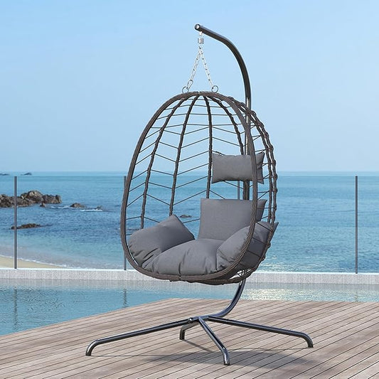 Hanging Egg Chair with Stand, Swinging Egg Chair Outdoor Indoor, Hanging Basket Chair with Cushion, Patio Wicker Hammock Chair 350lbs Capacity for Bedroom, Porch, Balcony, Backyard, Garden (Grey)