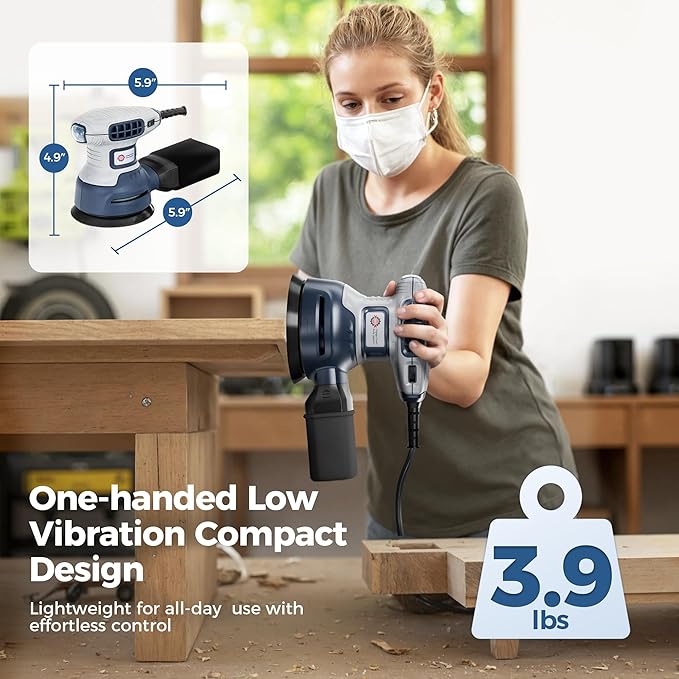 Orbital Random Sander Tool, 6 Variable Speeds With Dust Bag, 360W, Palm Hand Sander For Woodworking, 13000 Rpm Small Handheld Electric Sander With Vacuum Dust Collector For Wood