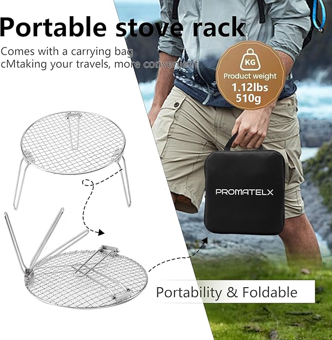 RROMATELX Small Folding Camping Grill，304 Stainless Stee Portable Camping Stove，Campfire Grate，Heavy Duty Rack Camping with Carrying Bag for Outdoor Cooking Backpacking Hiking Picnic BBQ