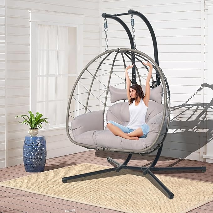 Double Hammock Egg Chair 2 Person Egg Chair Indoor Outdoor Swing with Stand Patio Wicker Hanging Chair Widened and Enlarged for Balcony Bedroom Porch Adults Kids