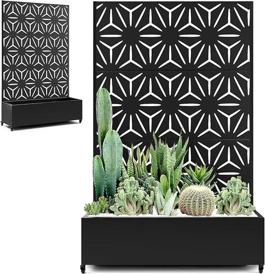 Metal Planter Box with Trellis & Privacy Screen for Patio, Large Raised Garden Beds with Drainage Holes & Wheels, 47" L×16" W×71" H Standing Flower Beds with Trellis (Black Star)