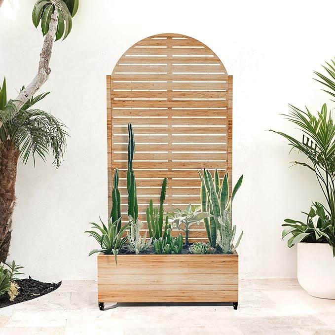 Metal Planter Box with Trellis for Climbing Plants, Privacy Planter with Trellis, Standing Planters Boxes with Privacy Screen, Drainage Holes (35" L, Arch White Wood Grain)