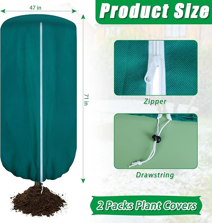 2 Packs Plant Covers Freeze Protection for Winter, 47"x71" Rounded Top Winter Plant Cover, Frost Cloths for Outdoor Plants with Zipper and Drawstring, Frost Blankets for Shrub Bush Fruit Tree Potte
