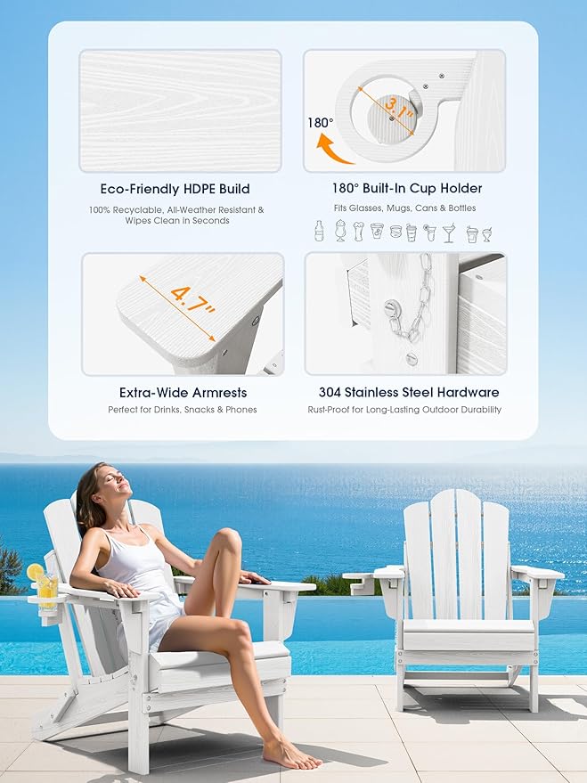 KINGYES Adjustable Folding Adirondack Chair Set of 6, 3-Position Reclining Adirondack Chairs with Cup Holder, HDPE All-Weather Oversized Adirondack for Outdoor, Patio, Backyard Deck, Fire Pit, White