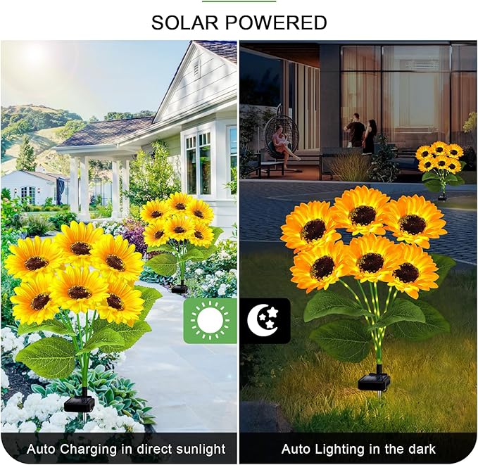 Solar Sunflower Lights 2 Pack with 12 Outdoor Decorative Lights for Garden Gift for Mom and Friends, IP65 Waterproof Sunflower Garden Stake Lights for Yard Patio Lawn Pathway (Warm White)