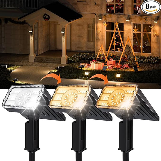 8-Pack Solar Lights Outdoor Waterproof IP67, 3 Color Modes (Warm/Cool White & Hybrid) with 3 Lighting Modes, 105° Adjustable Dusk to Dawn Solar Spotlights for Pathway/Garden/Yard Wall/Ground Lighting