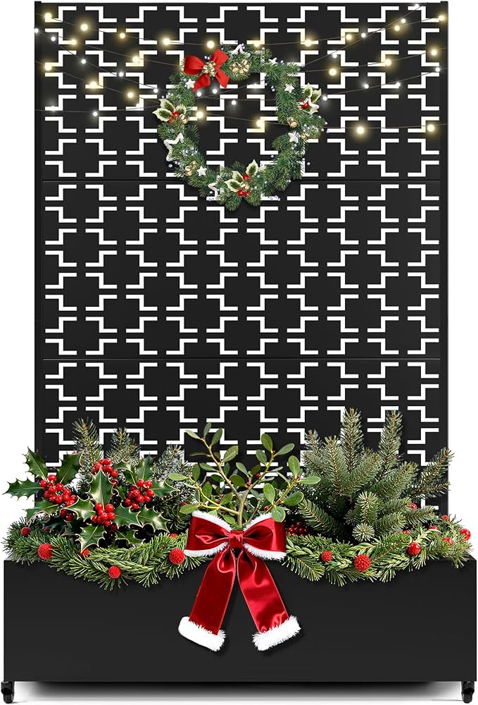 FENCY Metal Raised Garden Bed with Wheels and Trellis,73"x47"x16" Planter Box for Climbing Plants, Vegetables & Vines, Features Privacy Screen and Drainage Holes (Black-Square)