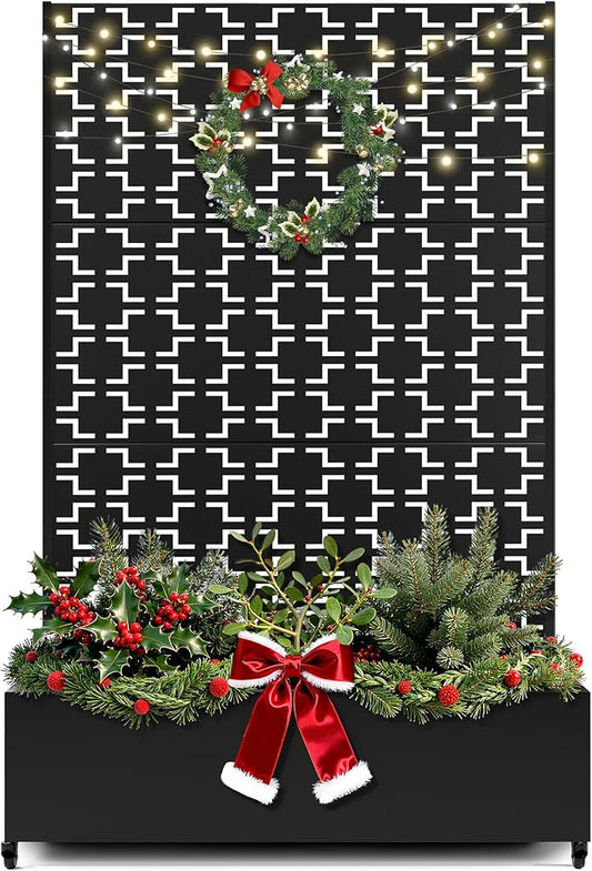 FENCY Metal Raised Garden Bed with Wheels and Trellis,73"x47"x16" Planter Box for Climbing Plants, Vegetables & Vines, Features Privacy Screen and Drainage Holes (Black-Square)