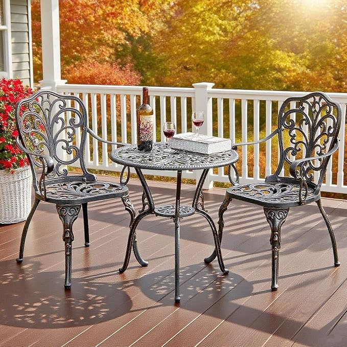 Patio Bistro Set 3 Piece Cast Aluminum Bistro Set, Outdoor Bistro Table and Chairs Set of 2 with Umbrella Hole for Porch, Lawn, Garden, Backyard, Pool (Brown)