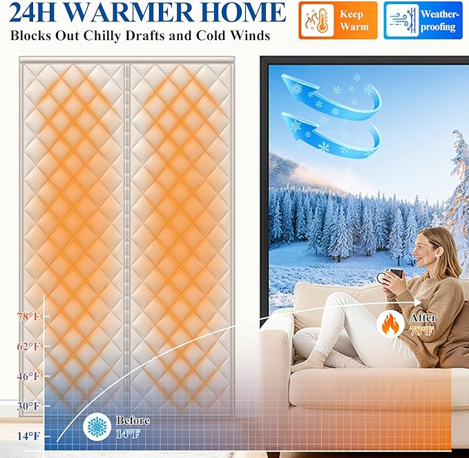 MAGZO Winter Door Curtain Cold Resistant, 36" x 80", Upgraded Oxford Filled with Thicken Cotton, Windproof Insulation Cover Blanket for Household/Sliding Glass/Patio Doors, Strong Magnets, Beige