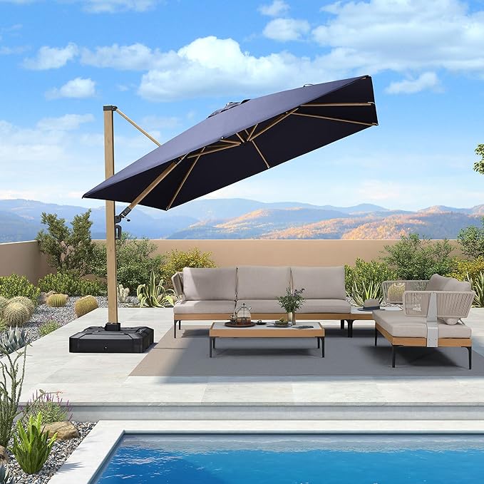 PURPLE LEAF 10FT Patio Umbrella Square Cantilever Umbrella Teak Finished Aluminum Frame Large Windproof Offset Outdoor Sun Umbrellas for Beach Pool Deck, Navy Blue