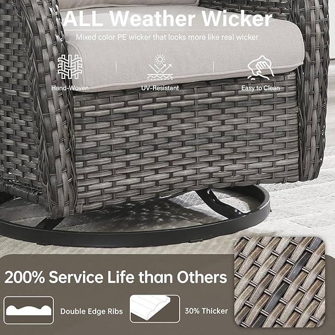 Outdoor Swivel Rocker Patio Chairs with 5" Thick Cushion - 3 Piece Wicker Bistro Set with Side Table, High Back Comfty Outdoor Glider Chairs for Balcony, Porch, Deck, Poolside - Gray/Beige