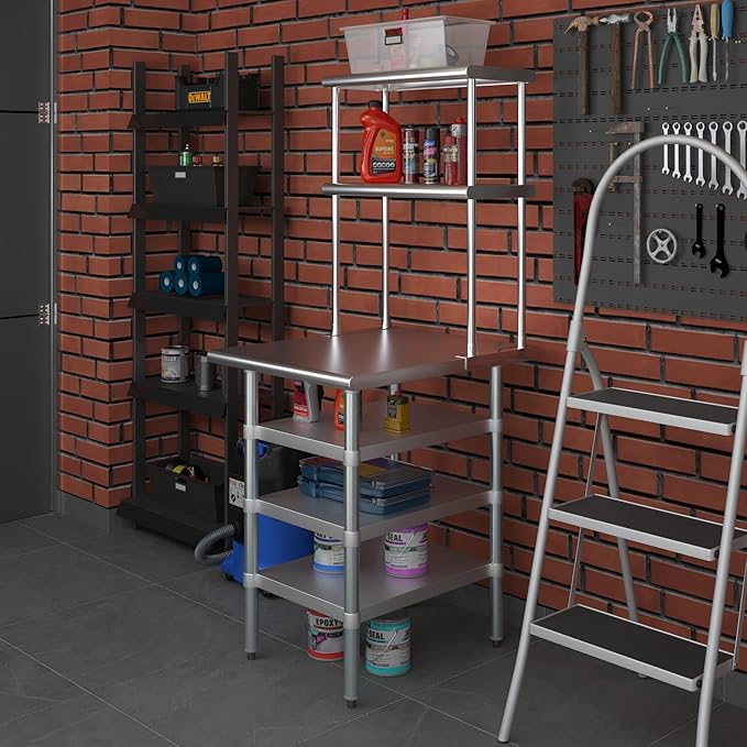 Amgood 30" x 24" Stainless Steel Work Table with 3 Shelves and 12" Wide Double Tier Overshelf | Metal Kitchen Prep Table & Shelving Combo | NSF