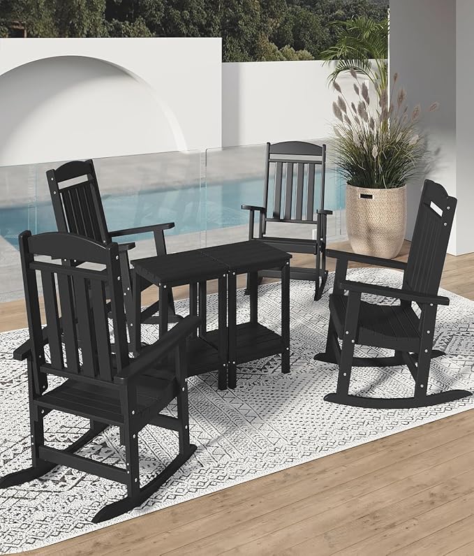 FOOWIN Outdoor Rocking Chair Set of 6, High Back Patio Rocking Chair, HDPE All Weather Resistant Porch Rocker for Adult, Oversized Rocking Chairs for Garden, Lawn, Indoor & Outdoor Use, Black