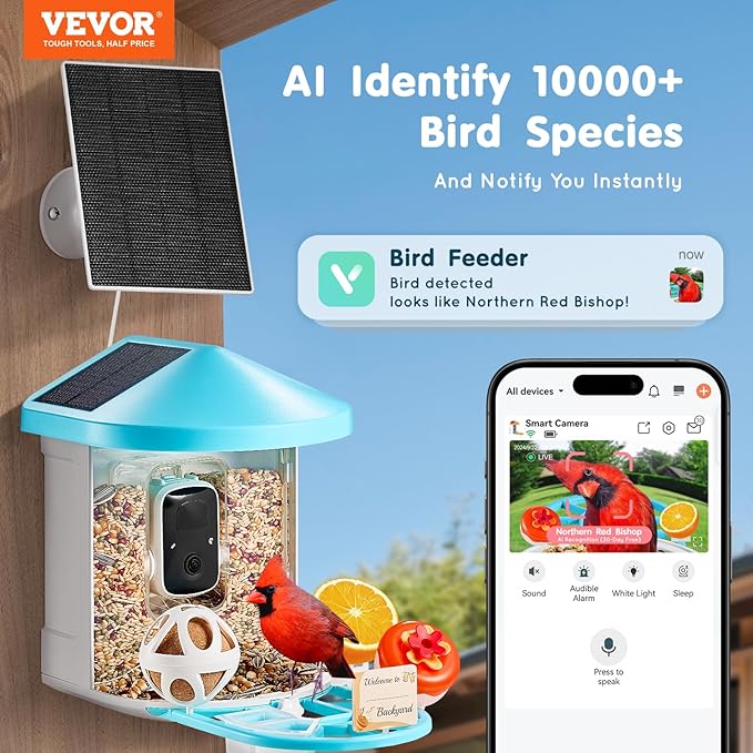 VEVOR Bird Feeder with Camera Solar Powered, Smart Bird Feeder with 3 Solar Panels, Wireless Video Birdfeeder with AI Identify, 2K Full HD, Auto Detect & Notify, Ideal Gift for Bird Lover