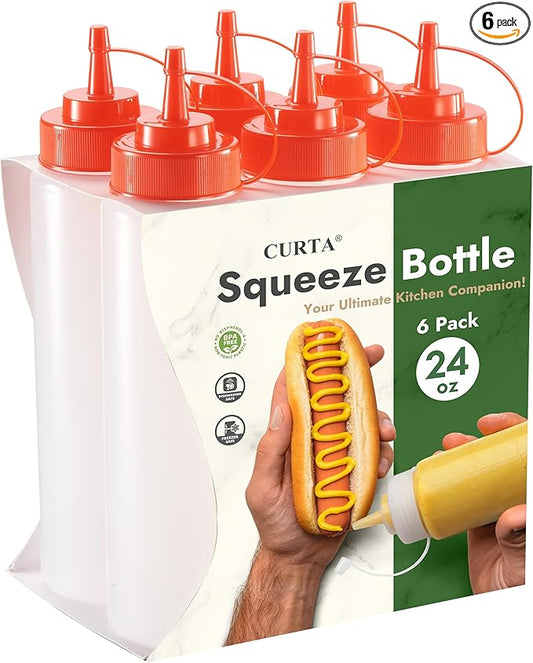 CURTA 6-Pack 24 oz Clear Squeeze Bottle with Cap, BPA-Free Easy-to-Squeeze Plastic Condiment Dispenser with oz & ml Markings for Sauce, Oil, Dressing, Dishwasher Safe, Red