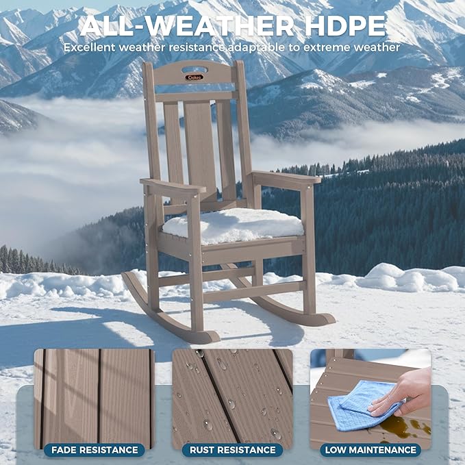 Ciokea Oversized Outdoor Rocking Chairs Set of 2, HDPE Porch Rocking Chairs for Outside, All-Weather Comfortable Patio Rockers for Front Deck Balcony, Teak