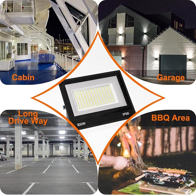 XXBSAZ 2 Pack 300W LED Flood Lights Outdoor, 37,000LM Plug-in Hardwire Work Light IP66 Waterproof - 6500K Daylight Bright for Yard, Garage, Stadium