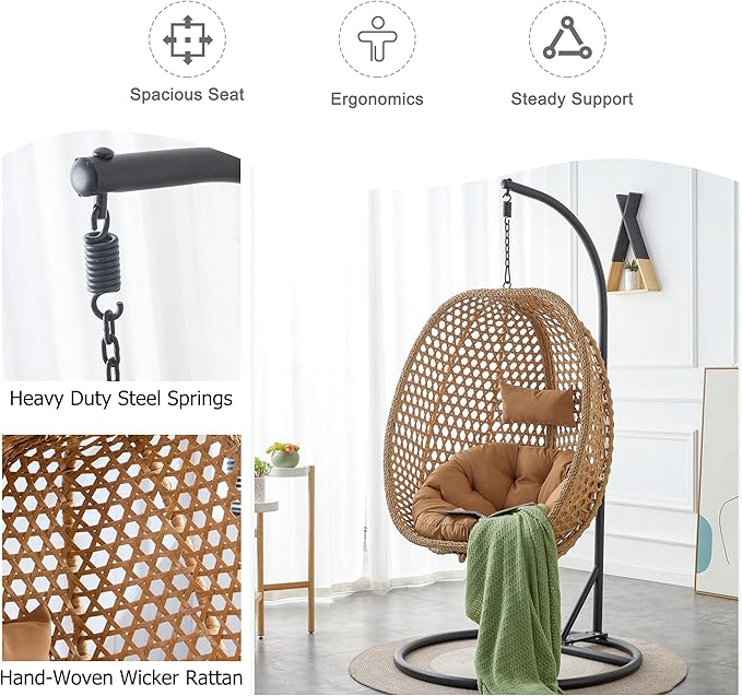 Hanging Egg Chair with Stand, Egg Swing Chair with Stand Indoor Outdoor, Yellow Basket Wicker Swing Egg Chair, Hammock Chair with Stable Round Metal Base and Comfortable Cushion for Patio Bedroom