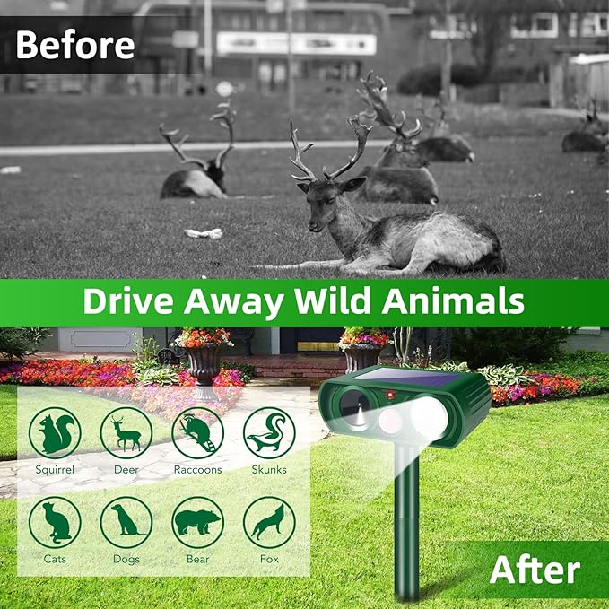 2 Pack Raccoon Squirrel Fortress Pro Solar Ultrasonic Repellent Outdoor Cat Deterrent Deer Repellent with Motion Detection Strobe Light,Waterproof Animal Repeller for Rabbit Dog Skunk for Yard