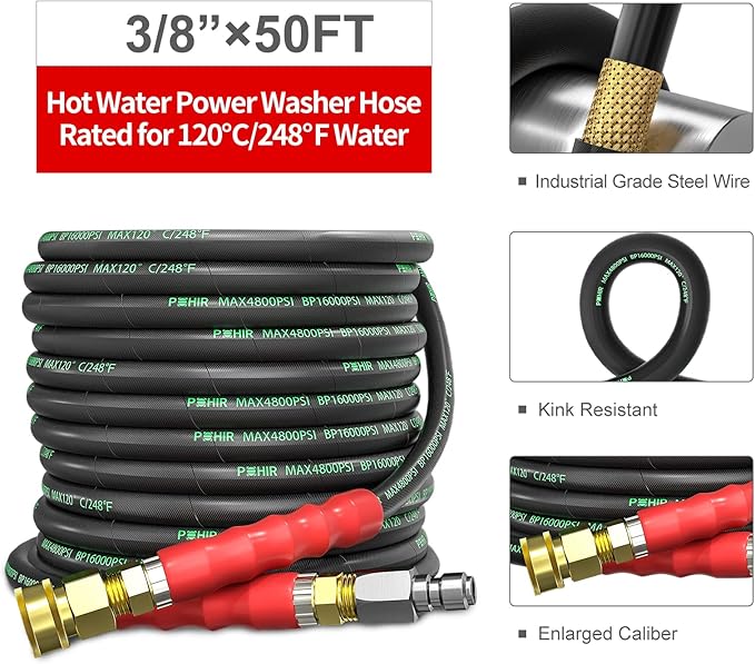 POHIR 3/8" Pressure Washer Hose 50 FT for Cold and Hot Water Max 248°F with Quick Connect, 4800psi Kink Resistant Industry Grade Steel Wire Braided Synthetic Rubber Jacket with 2 M22 14mm Adapter Set