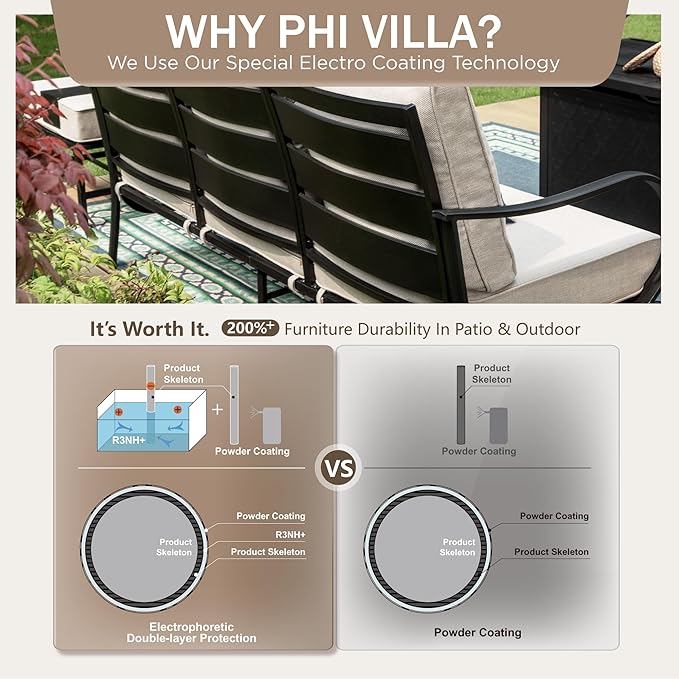 PHI VILLA Patio Conversation Set with Fire Pit, 7 Seat with 45" Firepit Table, Swivel & Fixed, Beige