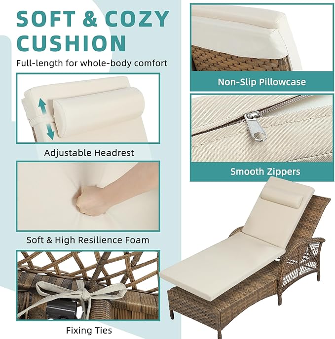 MEETWARM Outdoor Wicker Chaise Lounge Chair Set of 2, 77" Long All Weather PE Rattan Patio Lounge Chair, 6 Position Adjustable Pool Reclining Sunbathing Chair for Outside, Armrest & Head Pillow, Beige