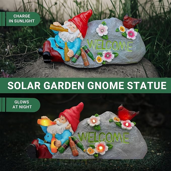 Funny Garden Gnomes Statue with Welcome, Solar Outdoor Gnomes Decorations for Yard, Patio, Lawn, Christmas Birthday Housewaming Gifts for Dad, Men, Husband, Grandpa, 11.8 Inch, Resin