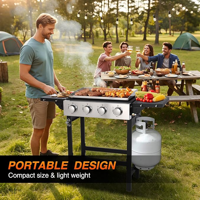 Portable 4-Burner Flat Top Grill with Folding Tabletop Design & Integrated Cart - 38,200 BTU Propane Griddle for Outdoor Cooking, Camping, Tailgating