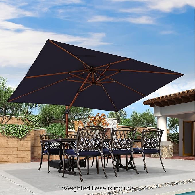 PURPLE LEAF 9' X 12' Double Top Deluxe Wood Pattern Rectangle Patio Umbrella with Base Offset Hanging Umbrella Outdoor Market Umbrella Garden Umbrella, Navy Blue