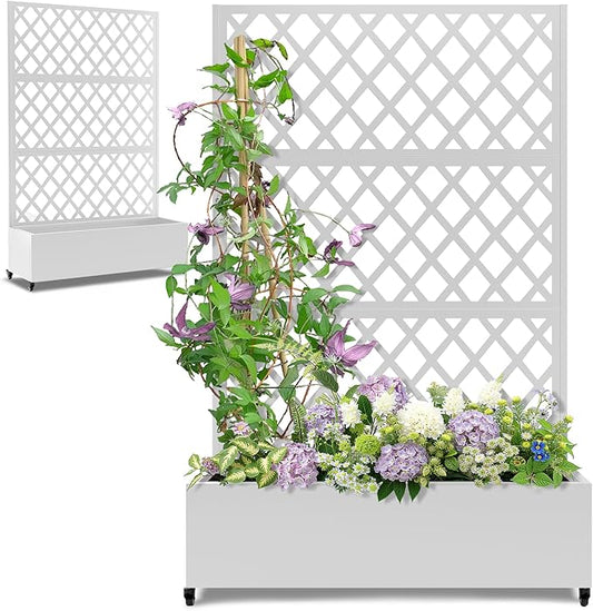 Metal Large Planter Box with Trellis for Climbing Plants Vegetables, Raised Garden Bed with Privacy Screen, 47"L×16"W×71"H Garden Boxes with Wheels & Drainage Hole (White Diamond Lattice)