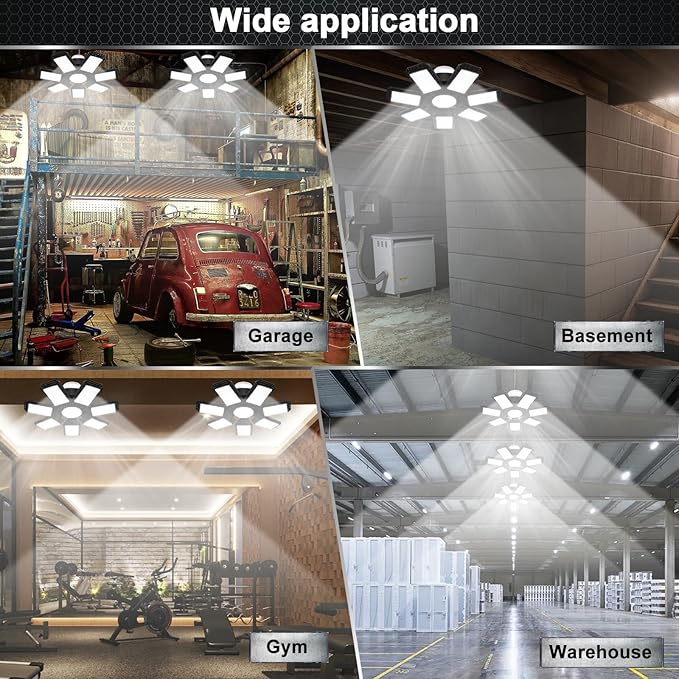 2 Pack LED Garage Light, 240W 24000LM 6500K LED Shop Lights, Garage Lights Ceiling Led with 7+1 Deformable Panels, E26/E27 Bulb Socket Lighting for Shop, High Bay, Attic, Basement, Warehouse