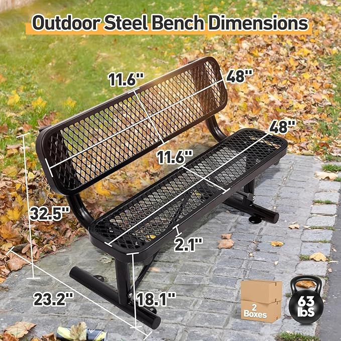 4FT Heavy Duty Park Bench with Back Portable Frame, Outdoor Metal Park Bench with Backrest, Steel Mesh Outdoor Bench for Garden, Lawn, Patio, Porch, Park, Yard (BLACK, 48" D x 23.2" W x 32.5" H)
