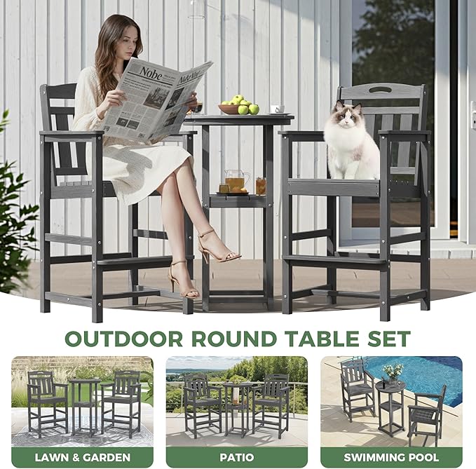 HDPE Outdoor Patio Tall Bar Chair, All-Weather Bar Height Balcony Adirondack Stools for Bistro, Garden, Backyard, Deck | Grey