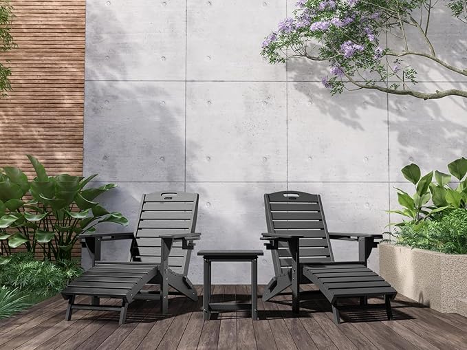 Folding Adirondack Chair with Retractable Ottoman Weather Resistant Fire Pit Chair Patio Chair with 2 Cup Holder Lawn Outdoor Lounge Chairs (Grey)