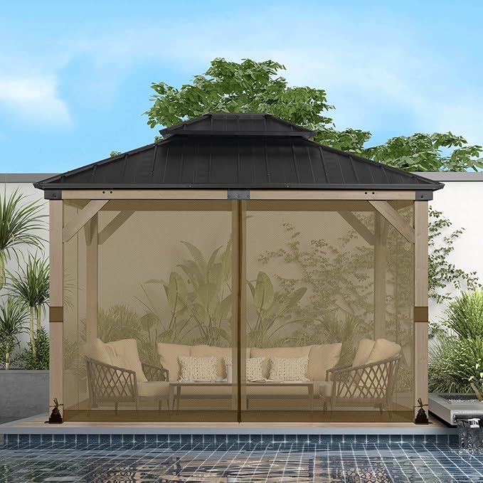 BPS 12' x 14' Gazebo Universal Mosquito Netting Screen Replacement, 4-Panel Screen Walls with Double Zippers for Outdoor Patio, Brown (Mosquito Net Only)