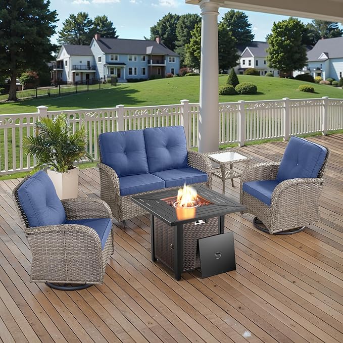 Belord 5 Piece Outdoor Patio Furniture Set with 50000 BTU Propane Fire Pit Table, Deep Seating Wicker Swivel Rocker Chairs and Loveseat Glider Patio Conversation Set for Deck Poolside Backyard