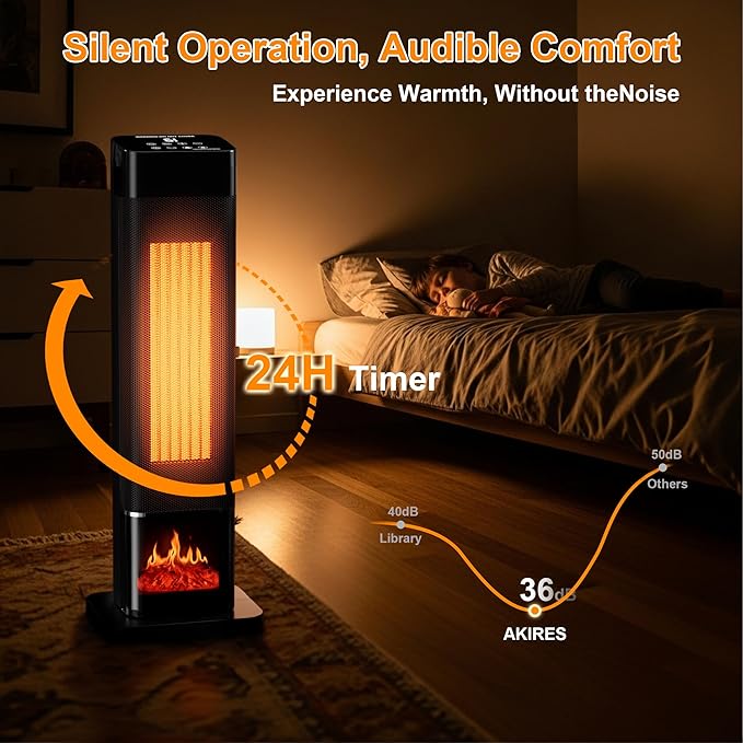 YEW Space Heater for Indoor Use, 1500W Portable Electric Heater with Thermostat, 120° Oscillation, 24H Timer, Remote Control, Ceramic Tower Heater Fan for Large Room, Bedroom, Office, Garage, 25"