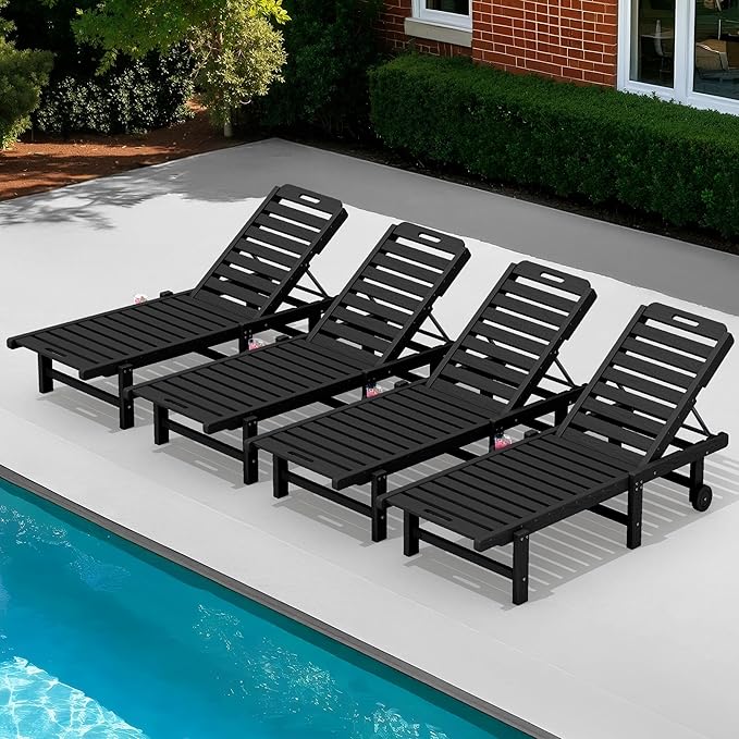 SERWALL Patio Chaise Lounge Set of 4, HDPE Outdoor Lounge Chair with Cup Holder, 5 Positions Adjustable Poly Lounge Chair with Rolling Wheels for Poolside, Deck, Sunbathing, Black