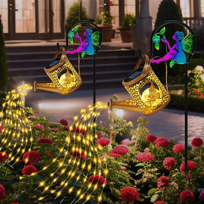 Solar Lights Garden Decorative, Solar Watering Can with Cascading Lights, Waterproof Metal Lantern with Fairy Shepherd Hook, Outdoor Decor for Yard, Patio, Gifts for Mother's Day, Christmas, Women