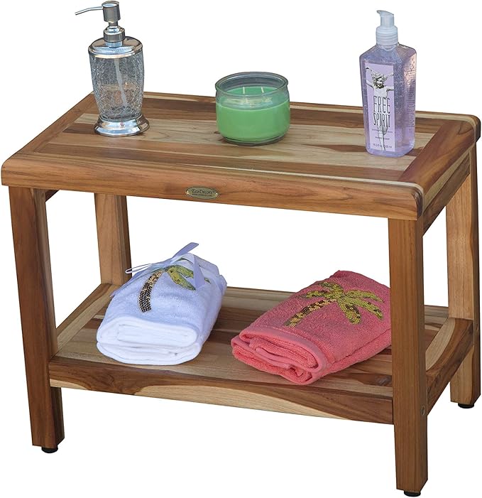 EcoDecors Eleganto 24 Inch Natural Color Waterproof Teak Wood Shower Bench Stool Seat Chair For Inside Shower Provides Safety, Storage, and Organization For Bathroom Accessories