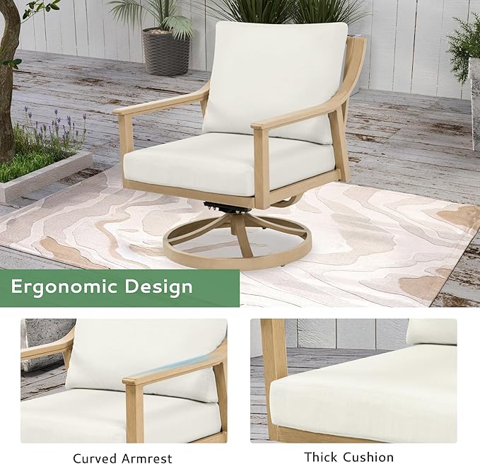 3-Piece Patio Conversation Bistro Sets, Outdoor Aluminum Bistro Sets with Thick Cushion, Modern Side Table and Swivel Chairs Set of 2, Rustproof and Waterproof for Porch Deck Garden, Beige